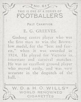 1933 Wills's Victorian Footballers (Large) #61 Edward Greeves Back